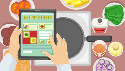 Hands Vegan Recipe Cooking Tablet Illustration