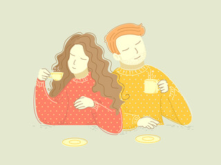 Couple Girl Man Hot Drinks Illustration