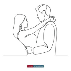 Continuous line drawing of Man and woman hug and look each other in the eye. Template for your design works. Vector illustration.