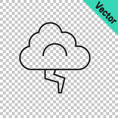 Black line Storm icon isolated on transparent background. Cloud and lightning sign. Weather icon of storm. Vector