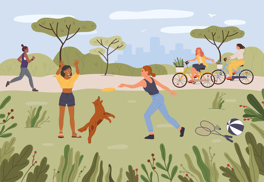 Cartoon People Relaxing In Park. Girls Playing Frisbee With Dog Pet On Lawn. Female Friends Riding Bicycle With Baskets. Woman Running Outdoor. Active And Healthy Lifestyle Outside Vector