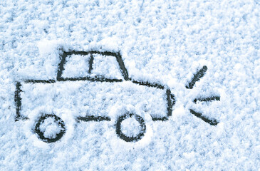Hand drawing (painted) car on snow in the winter day. Transport, winter, weather, sale, black...