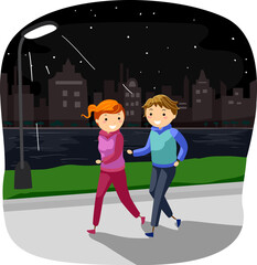 Stickman Couple Night Park Jogging Illustration