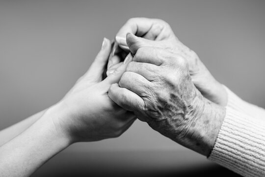 Close up of females hands of young and senior women. Black and white colors. The concept of International Day of Older Persons