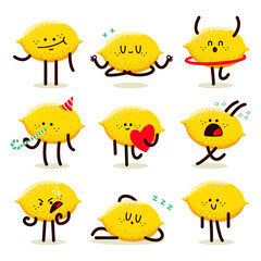 Cute lemon vector cartoon characters set isolated on a white background.