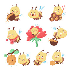 Funny bee vector cartoon characters set isolated on a white background.