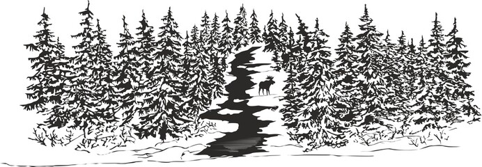  Elk near the taiga river in winter