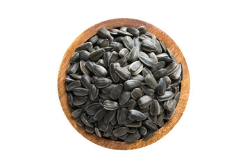 shelled sunflower seeds in wooden bowl isolated on white background. Vegan food, top view.