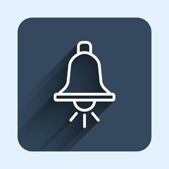 White line Ringing alarm bell icon isolated with long shadow background. Fire alarm system. Service bell, handbell sign, notification symbol. Blue square button. Vector