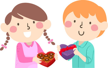 Kids Exchange Chocolates Valentines Illustration