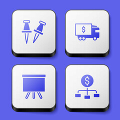 Obraz premium Set Push pin, Armored truck, Chalkboard and Hierarchy with dollar icon. White square button. Vector