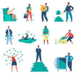 Rich people. Female and male characters with money sacks and safe. Man holding sack, shovel full of banknotes, standing on pile, swimming in earnings. Woman throwing cash vector set