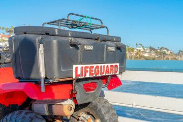 Box at the back of a lifeguard quad bike at San Clemente, California