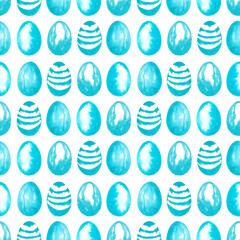 Seamless pattern: turqoise blue watercolor easter eggs on white. Holiday design with hand drawn elements  for textile, wrapping paper, card.