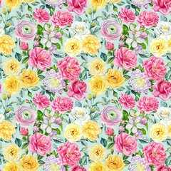 Fotobehang Roses, chrysanthemum, sakura and anemone, floral background, watercolor clipart, seamless pattern. Delicate flowers. © Hanna