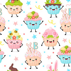 cute pattern with Easter kawaii cupcakes. cartoon-style vector