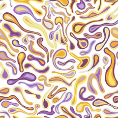 A trendy handwritten seamless pattern with a lot of smooth doodles of actual purple-yellow colors and figures interspersed in them. For any textile design, wallpaper or background.