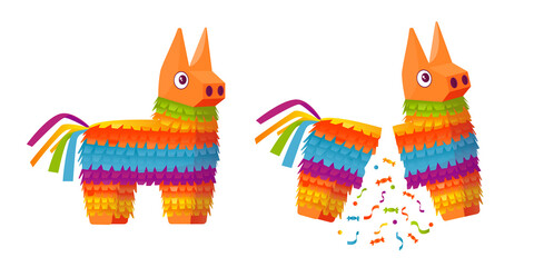 Pinata for a birthday. Corrugated paper toy with sweets or a surprise inside. Vector cartoon illustration