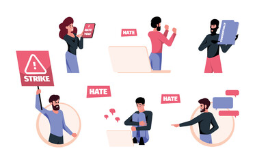 Cyberbullying. Social media aggressive hate fear people from internet harrasment shame and blaming culture haters garish vector cyberbulling concept pictures