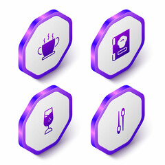 Set Isometric Bowl of hot soup, Cookbook, Wine glass and Food chopsticks icon. Purple hexagon button. Vector
