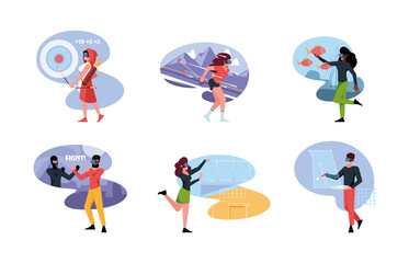 Vr people. Cyber technology of future electronic helmet for gamers online entertained immersive displays 360 degrees virtual connection garish vector people