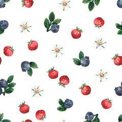 Watercolor berry seamless pattern. Repeat background  with blueberry, strawberry and flowers for fabric design. Summer floral print.