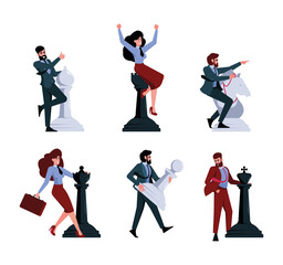 Chess and people. Business strategy concept scenes characters moving chess figures collaboration team tactics partnership game challenges garish vector flat persons colored style