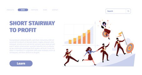 Business landing. Successful characters job journey marketing goals managers moving up to target garish vector advertising web page with place for text