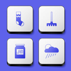 Set Socks, Garden rake, Jam jar and Cloud with rain and sun icon. White square button. Vector