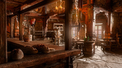 Bar area of an old medieval tavern lit by daylight through windows. 3D rendering.
