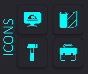 Set Toolbox, Worker safety helmet, Wallpaper and Hammer icon. Black square button. Vector