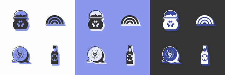 Set Beer bottle with clover, Pot of gold coins, Clover trefoil leaf and Rainbow icon. Vector