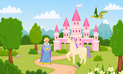 Obraz na płótnie Canvas Children fairy tale vector illustration. Medieval pink castle with queen and fictional unicorn, flying dragon. Royal kingdom with beautiful landscape. Magic palace for kids vector illustration