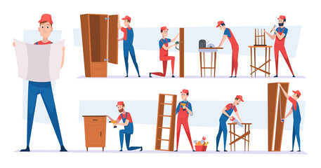 Carpenter workers. Handyman characters installing modern wooden furniture making wardrobes tables and chairs craft team exact vector cartoon illustra