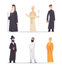 Religion leader. Hindus christianity characters arabic persons monk priest guru exact vector flat people in cartoon style - obrazy, fototapety, plakaty