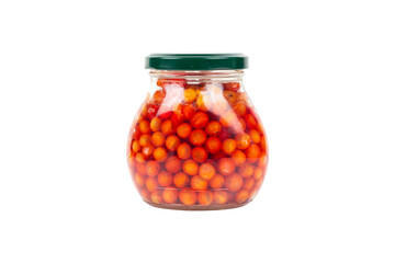 jar with red rowanberry isolated on white background