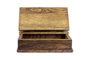 wooden old casket opened on white background