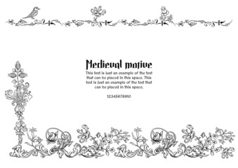 Floral vintage Medieval illuminati manuscript inspiration. Romanesque style. Template for greeting card, banner, gift voucher, label. Outline vector illustration.