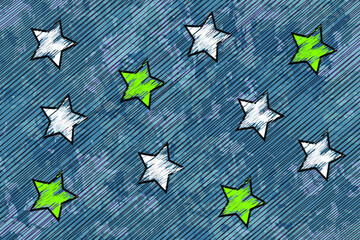 Group of white and yellow stars with black outlines on a textured background.