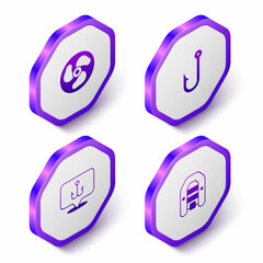 Set Isometric Outboard boat motor, Fishing hook, and Inflatable with icon. Purple hexagon button. Vector