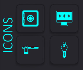 Set Key, Safe, Monitor with password and Parking car barrier icon. Black square button. Vector