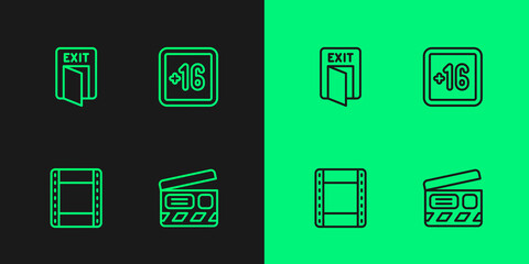 Set line Movie clapper, Play video, Fire exit and Plus 16 movie icon. Vector