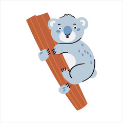 Cute little blue koala vector illustration. Funny hand drawn jungle character. Happy animal isolated on white background. Childish t shirt print design koala bear
