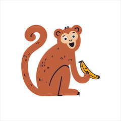 Cute brown monkey with banana vector illustration. Funny hand drawn safari chimp character. Happy chimpanzee isolated on white background. Childish t shirt print design forest and savannah of Africa