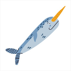 Cute little blue narwhal vector illustration. Funny hand drawn sea world character. Happy animal isolated on white background. Childish t shirt print design