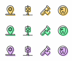 Set line Test tube with blood, Location hospital, and Tooth caries icon. Vector