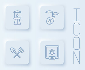 Set line Water tower, Sprout, Shovel and rake and Colorado beetle. White square button. Vector