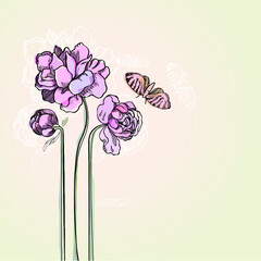 hand drawn vintage flowers with butterfly