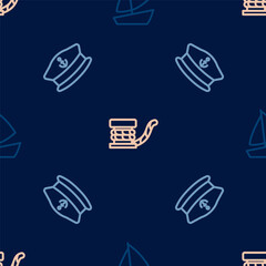 Set line Yacht sailboat, Captain hat and Marine bollard with rope on seamless pattern. Vector