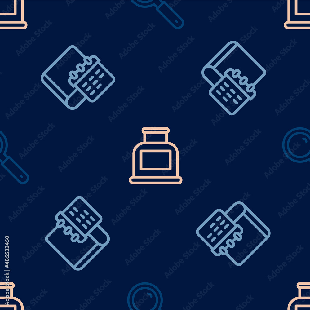 Poster set line magnifying glass, daily paper notepad and inkwell on seamless pattern. vector